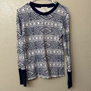 Sundance Blue and White Thermal Cotton Blend Velvet Trim Cuffs Long Sleeve Top S